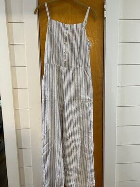 Old Navy White and Navy Striped Linen-Blend Jumpsuit